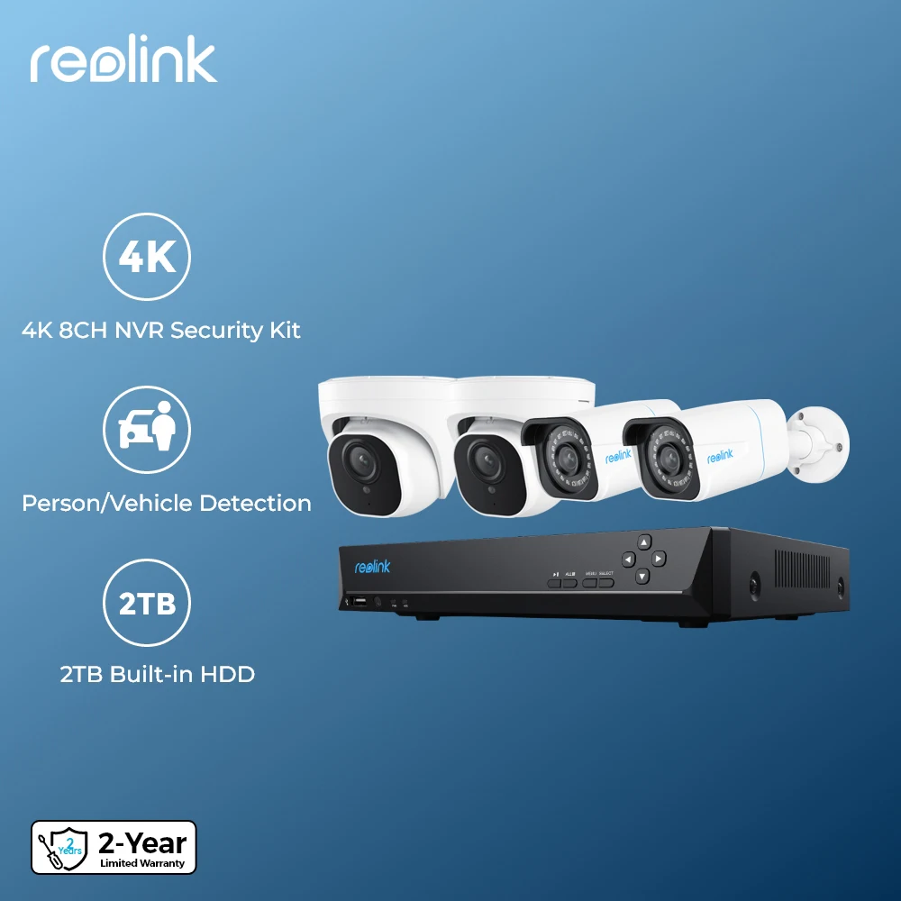 Reolink 8CH 4K Security Camera System 8MP Wired PoE Outdoor Cameras Home Security NVR Recorder with 2TB HDD for 24/7 Recording