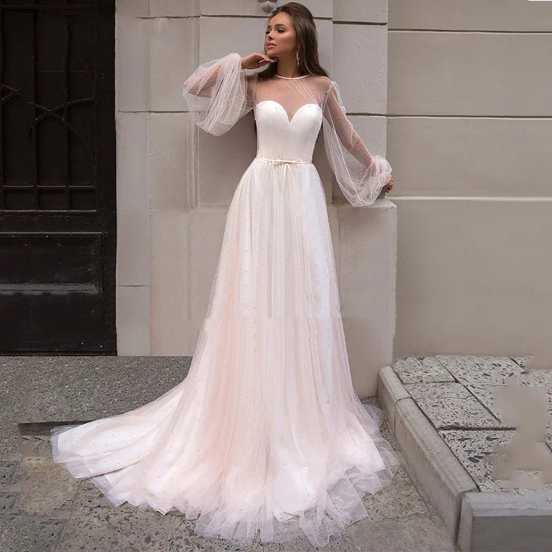 Charming Puffy Long Sleeves A-Line Wedding Dresses Pearls Tulle Sexy Sheer High Neck Floor Length Open Back Princess Bridal Gown