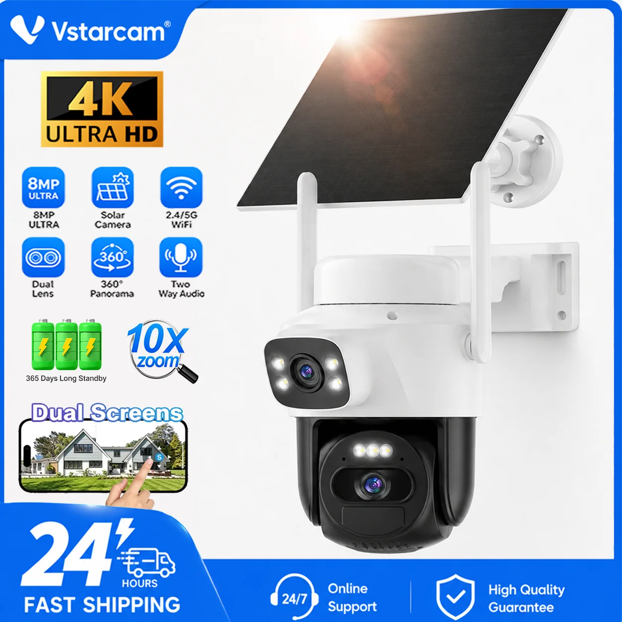 Vstarcam 8MP Dua l Lens Solar WIFI Security Cameras With Solar Panels PIR Human Detection Night Vision Battery CCTV Camera