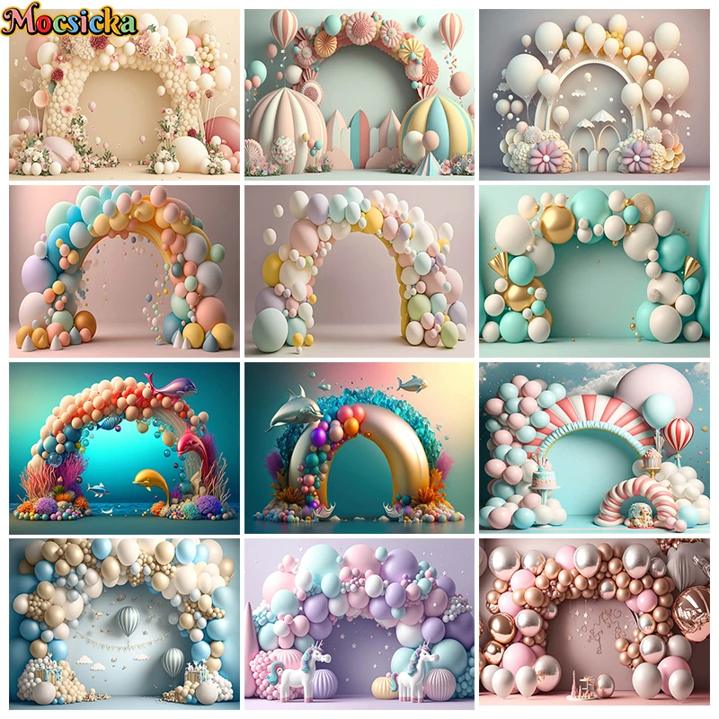 

Mocsicka Girls 1st Birthday Party Backdrop Colorful Arch Balloon Donut Cake Table Decor Photography Background Photo Studio