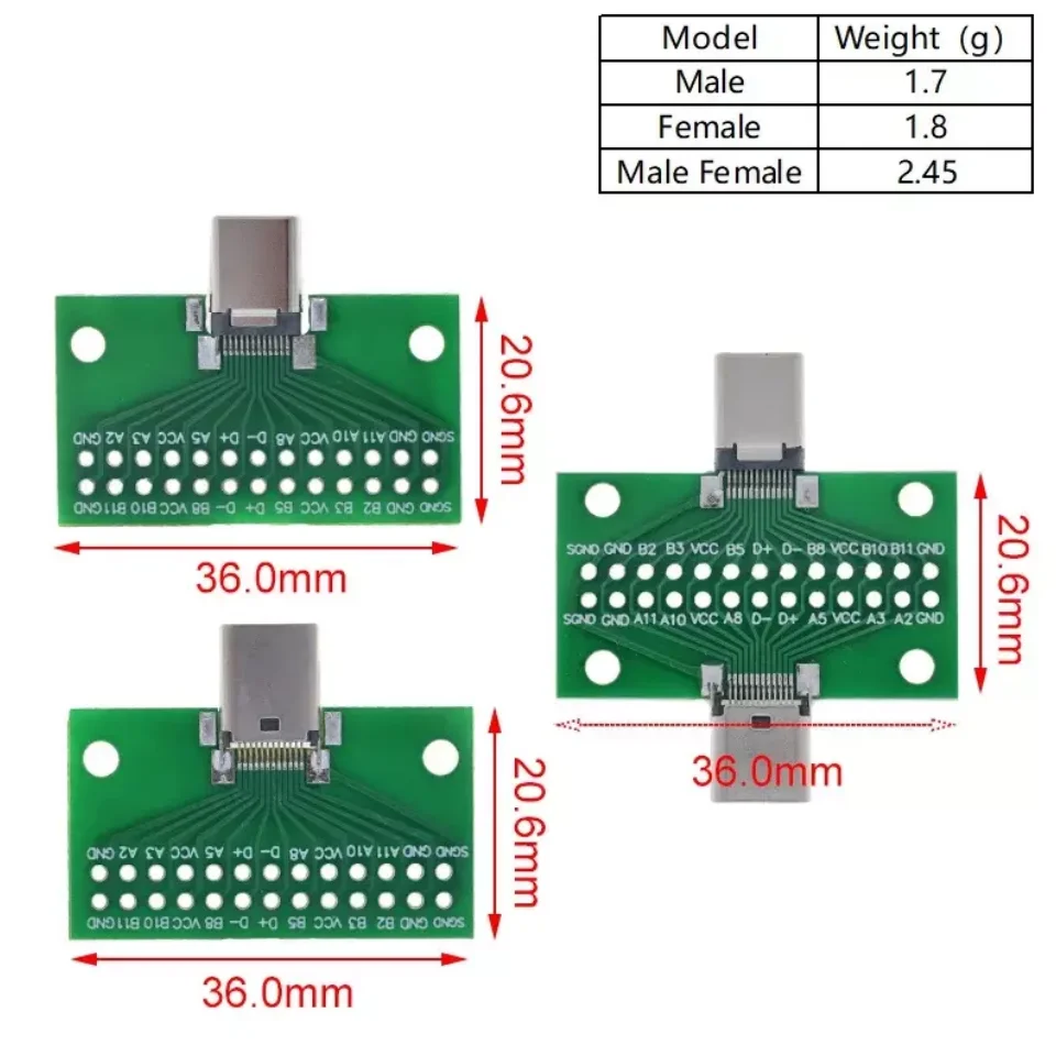 Typ-C Testboard 24P Stecker-Buchse-Adapter PCB-Steckplatine 2,54mm Rastermaß Breakout-Board für Kabel- und Signaltests – Detail 1