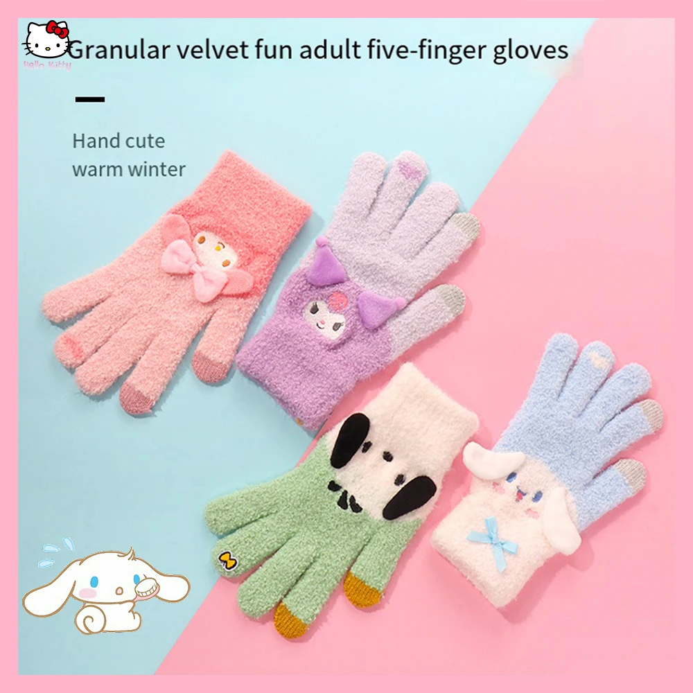 

Зимние плюшевые перчатки Cinnamoroll с сенсорным экраном Sanrioed Kuromi, аниме Melody Kawaii, теплые перчатки с пятью пальцами для девочек и студентов