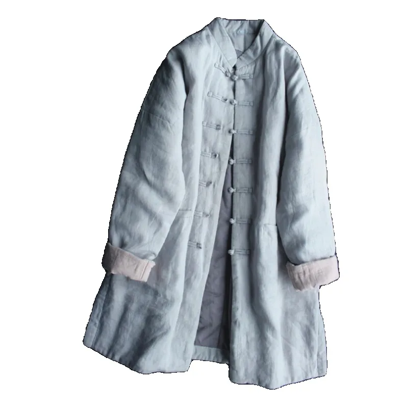 النمط الصيني القطن الكتان سترة المرأة 2025 جديد الخريف موضة رقيقة منتصف طول معطف مع مشبك ملابس الشتاء غير رسمية