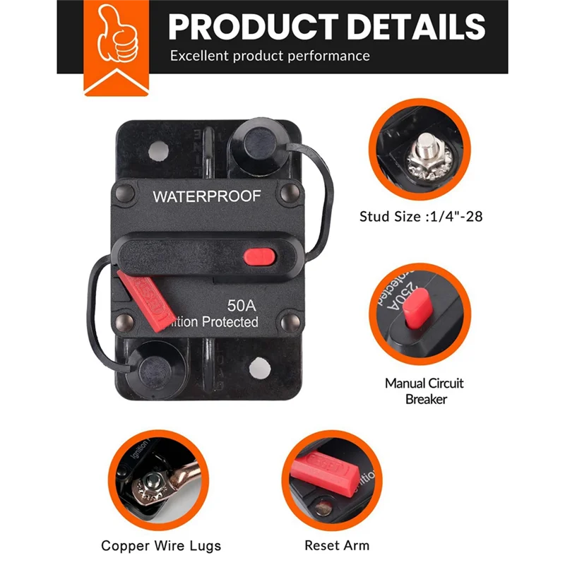 -ESTR 50 أمبير قاطع دائرة السيارات مع إعادة الضبط اليدوي، حامل فيوز مقاوم للماء لمحركات التصيد والقوارب والسيارات