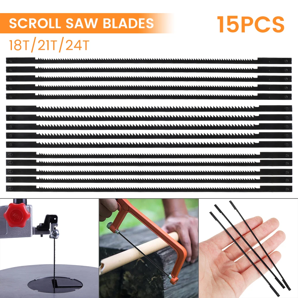 15Pcs Scroll Saw Blades Pin End 18/21/24TPI for DIY Pinned Scroll Saw Blades Woodworking Wood Plastic Foam Cutting