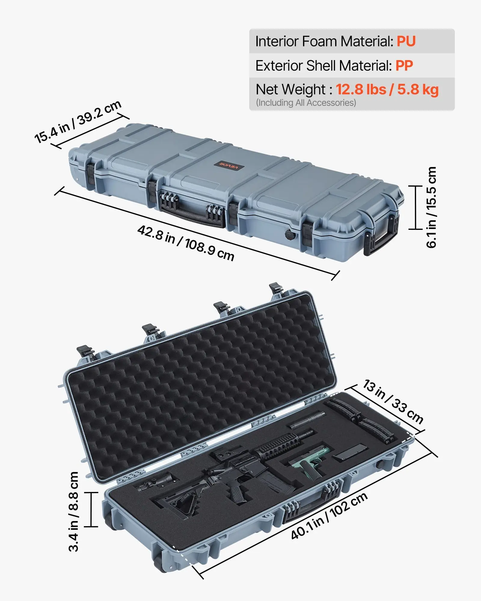 حافظة بندقية صلبة قابلة للقفل مقاس 40 بوصة مع عجلات IP67 رغوة مسبقة القطع مقاومة للماء لمسدس Airsoft وتخزين الأسلحة النارية متوافقة مع TSA