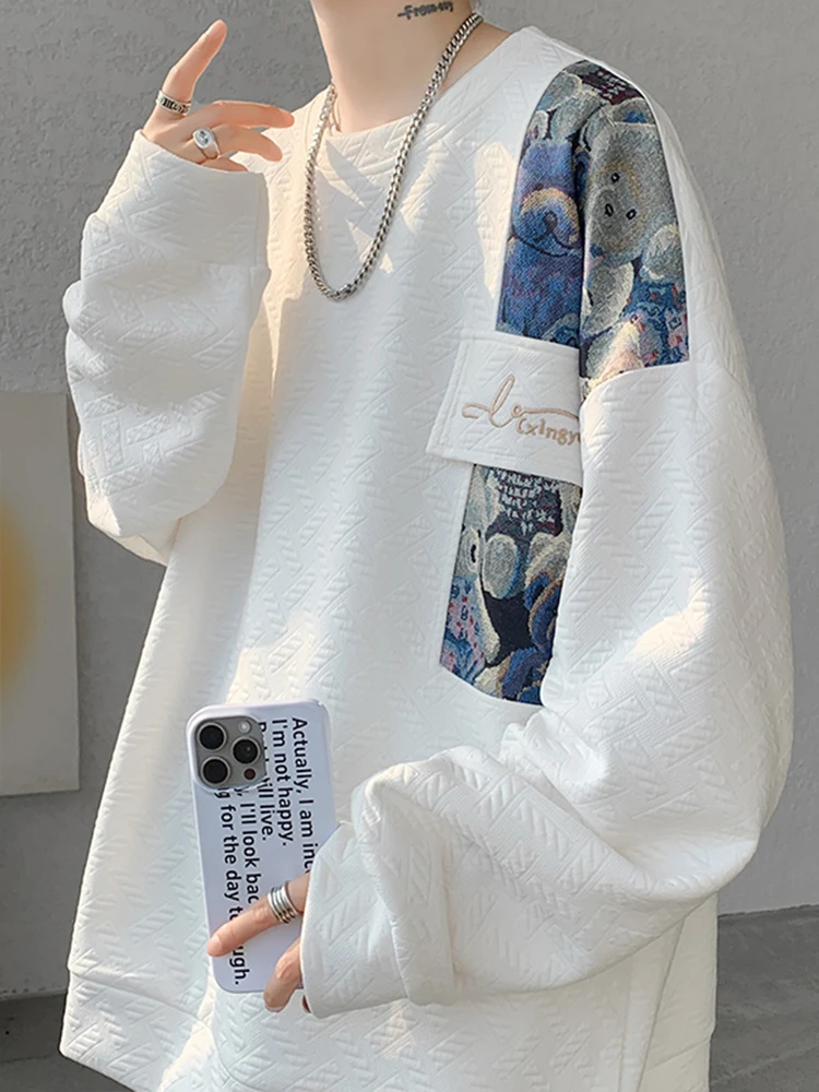 

Свитшот свободного кроя с принтом медведя для мужчин, осень 2024, новый стиль, повседневная куртка для пар, молодежный тренд, свитшот с круглым вырезом