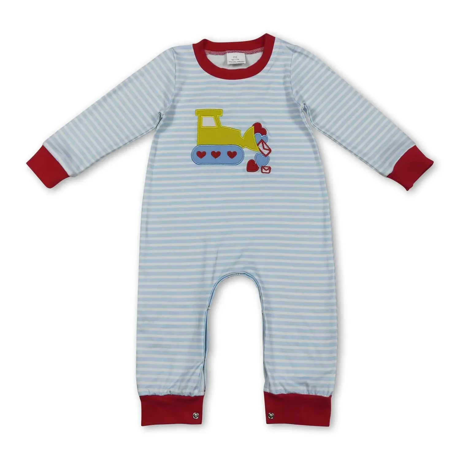 

Valentine's Day Embroidery Hearts Excavator Baby Boys Blue Stripe Footie Rompers Long Sleeves Construction Theme Baby Clothes