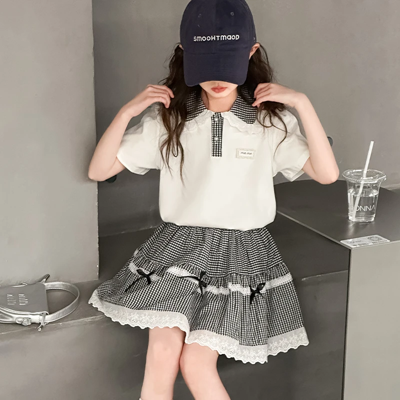 

Child School Girl Outfits Summer Costume Cotton T-shirt +Plaid Skirt Bow Sets for 5 6 7 8 9 10 11 12 13 Year old Children' Suit