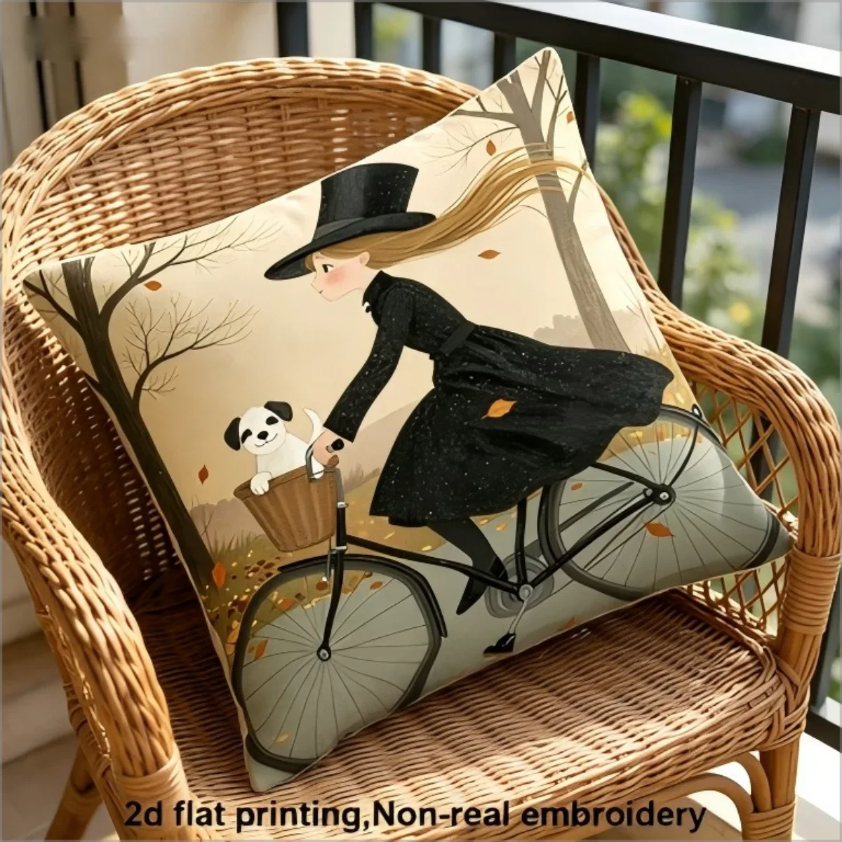 1pc Vintage Girl Riding Bicycle With Dog Cushion Cover Beige Autumn Tree Print Pillowcase For Sofa Chair Home Decor Throw Case