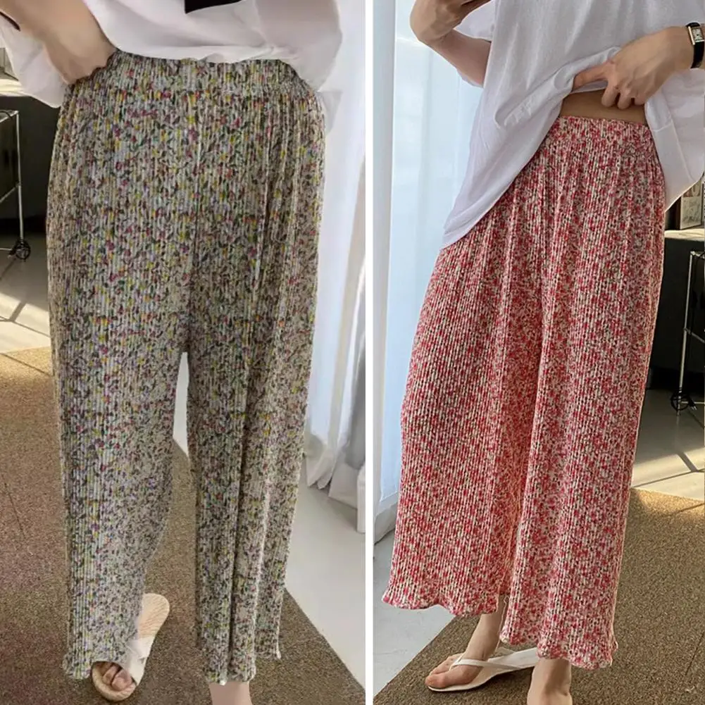 FJfor-Pantalon à jambes larges pour femmes, imprimé floral, taille haute élastique, pantalon de salon drapé