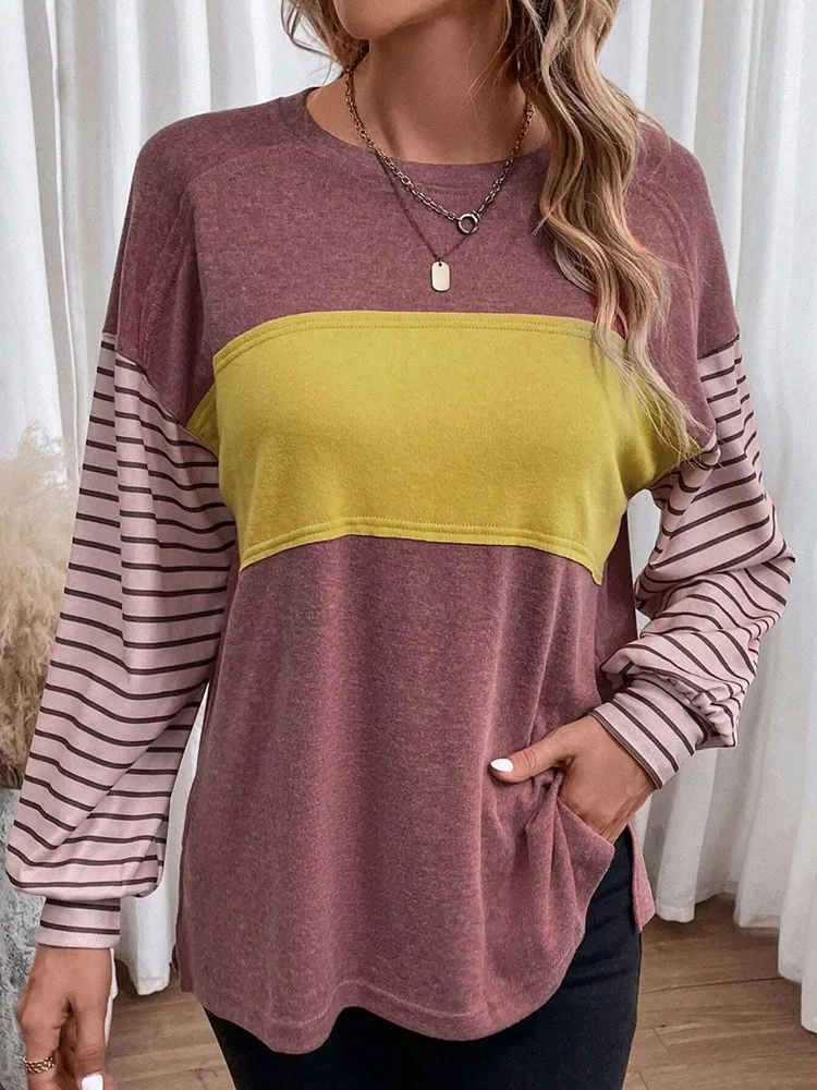 

New Fashion Autumn Loose Pullover O Neck Striped Patchwork Long Sleeved Women's T-shirt, Streetwear Female Basic Casual Tops