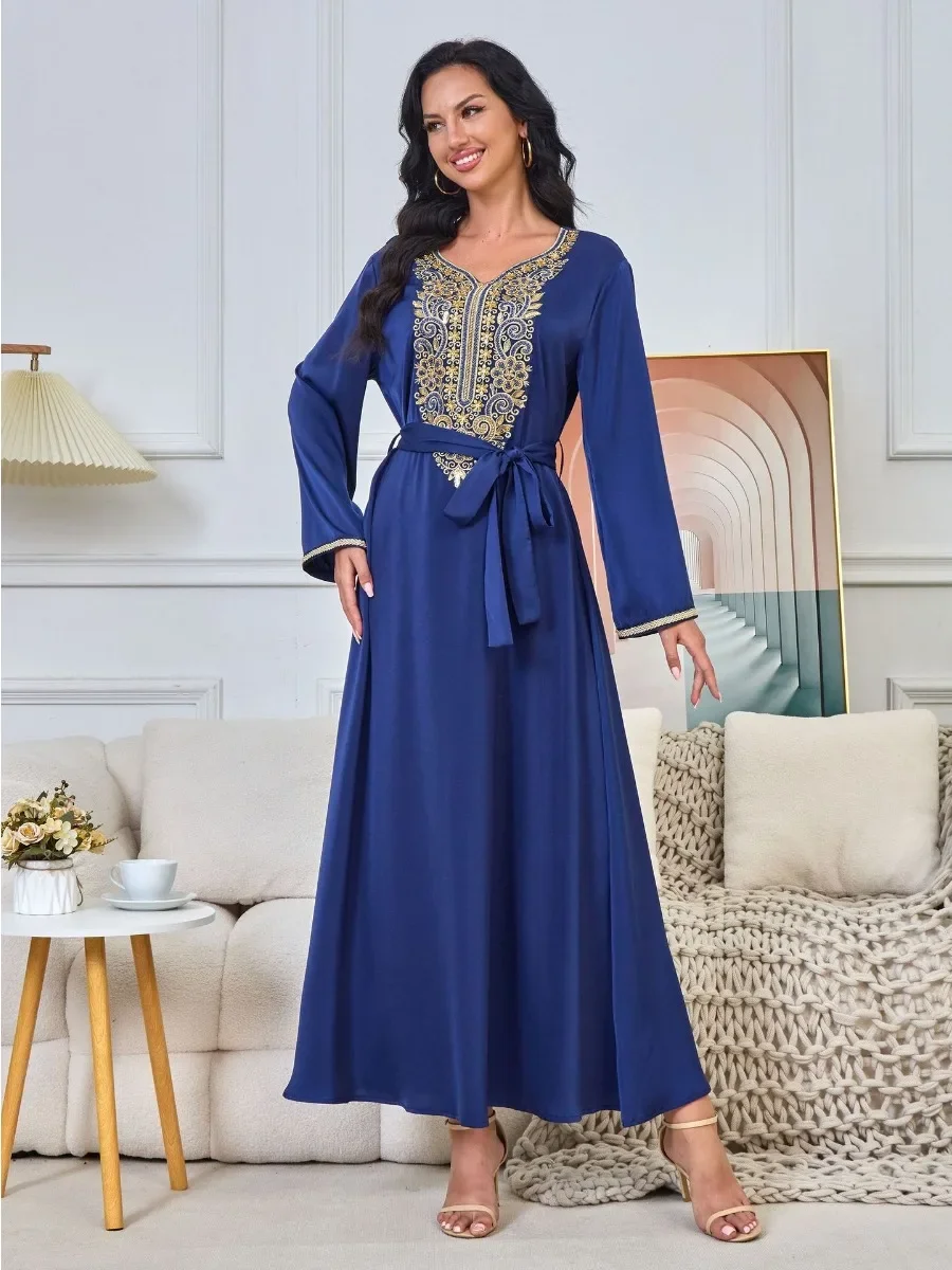 Embroidery Muslim Party Dress Women Abaya Eid Ramadan Vestidos Largos Dubai Robe Jalabiya Long Dress Belt Morocco Kaftan 2024