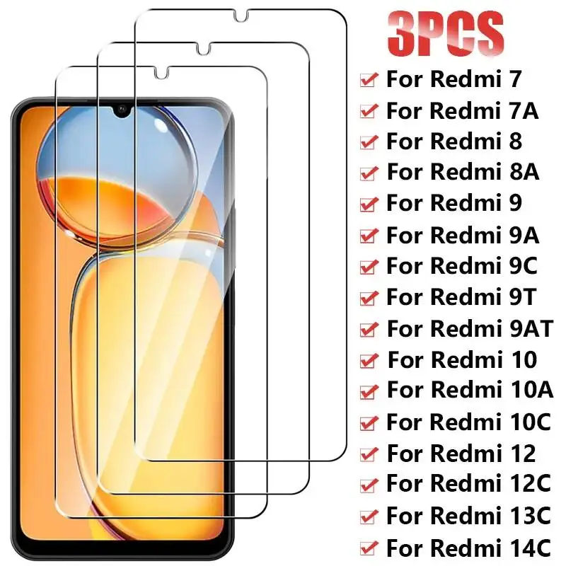 

3PCS Full Cover Screen Protector Xiaomi 9 9A 9C 7 8 8A 10 10A 10C Tempered For Redmi 14C 13C 12 12C 5G Glass