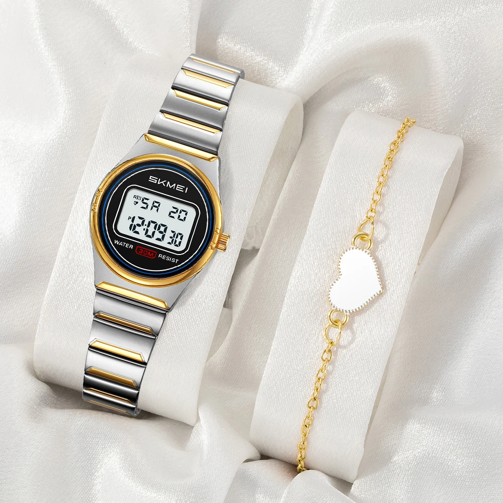 

SKMEI женские электронные часы из нержавеющей стали, водонепроницаемые спортивные цифровые наручные часы с маленьким циферблатом, дисплей будильника, секундомер