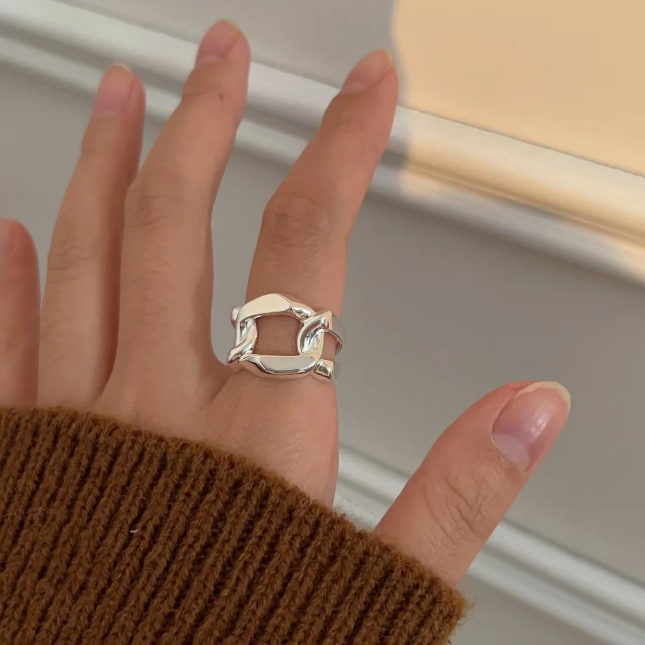 

CHOZON S925 Solid Silver Geometric Ring Openwork Minimalist Stacking Jewelry Gift for Women