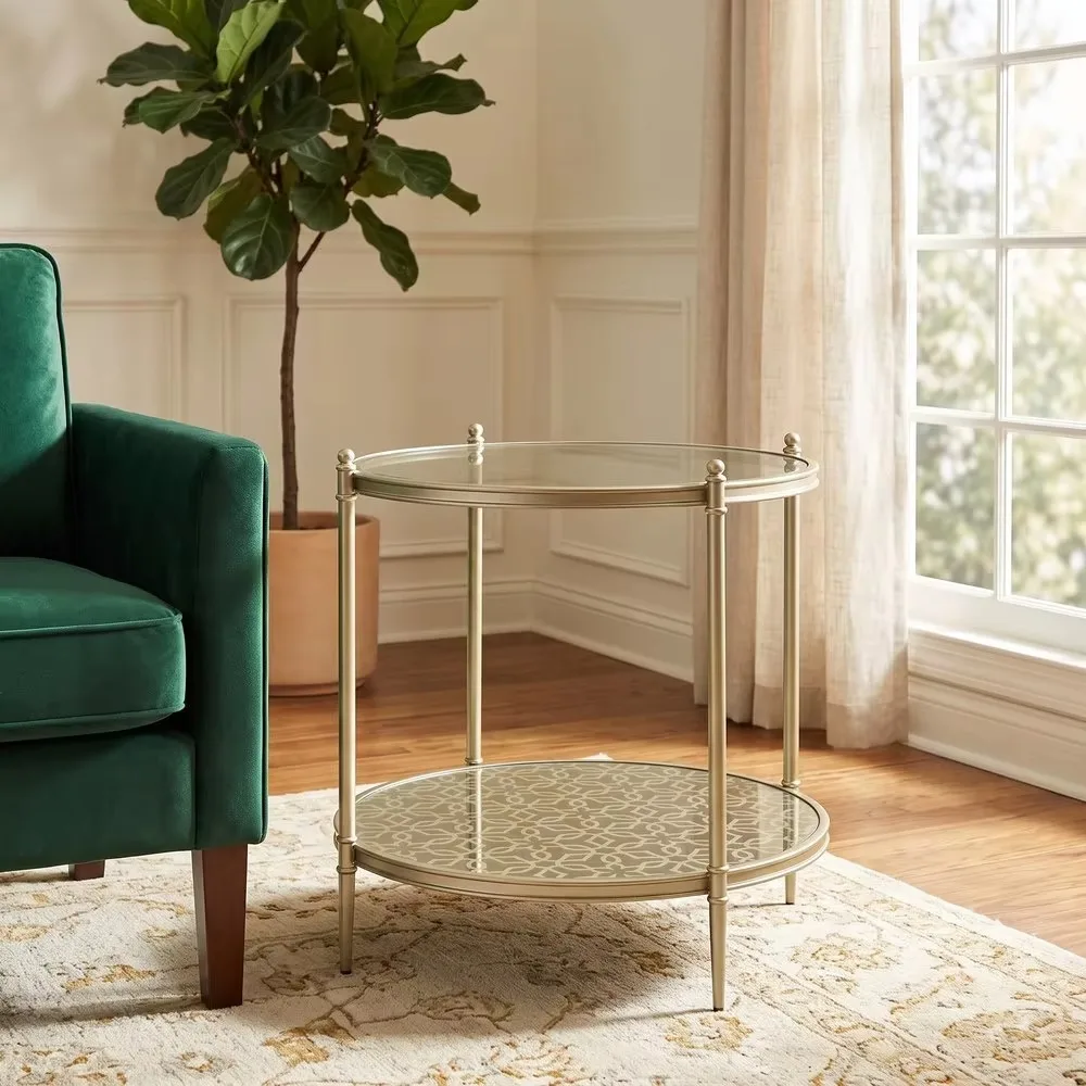 Champagne colored round coffee table with patterned glass rack