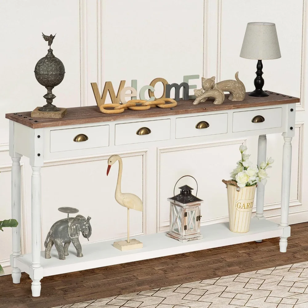 

Farmhouse Console Table with 4 Drawers, 60" Long Narrow Boho Sofa Foyer Table with Large Storage Space