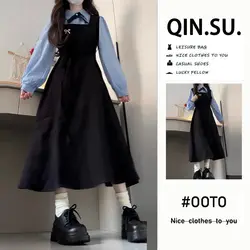 Black Fake Two-piece Long Sleeved DressLittle French College Style Spaghetti Strap Long Dress