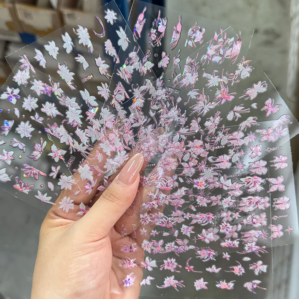 6 個ピンクパープルレーザーフラワー蝶ネイルデカール 3D 魅力的なちょう結びハイビスカスネイルアートステッカーブロンズ花マニキュアスライダー