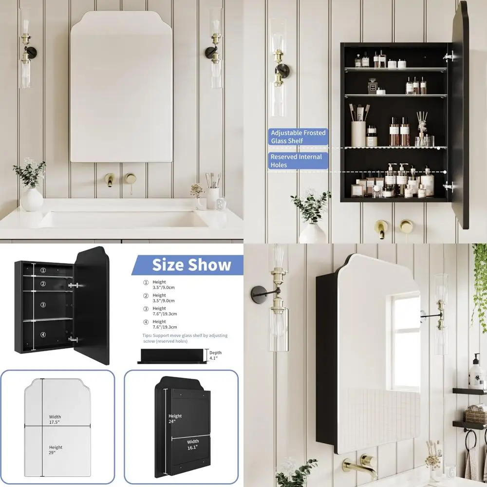 

Victorian-Inspired Recessed Bathroom Medicine Cabinet with Curved Mirror in Black, 17.5x Wood Storage