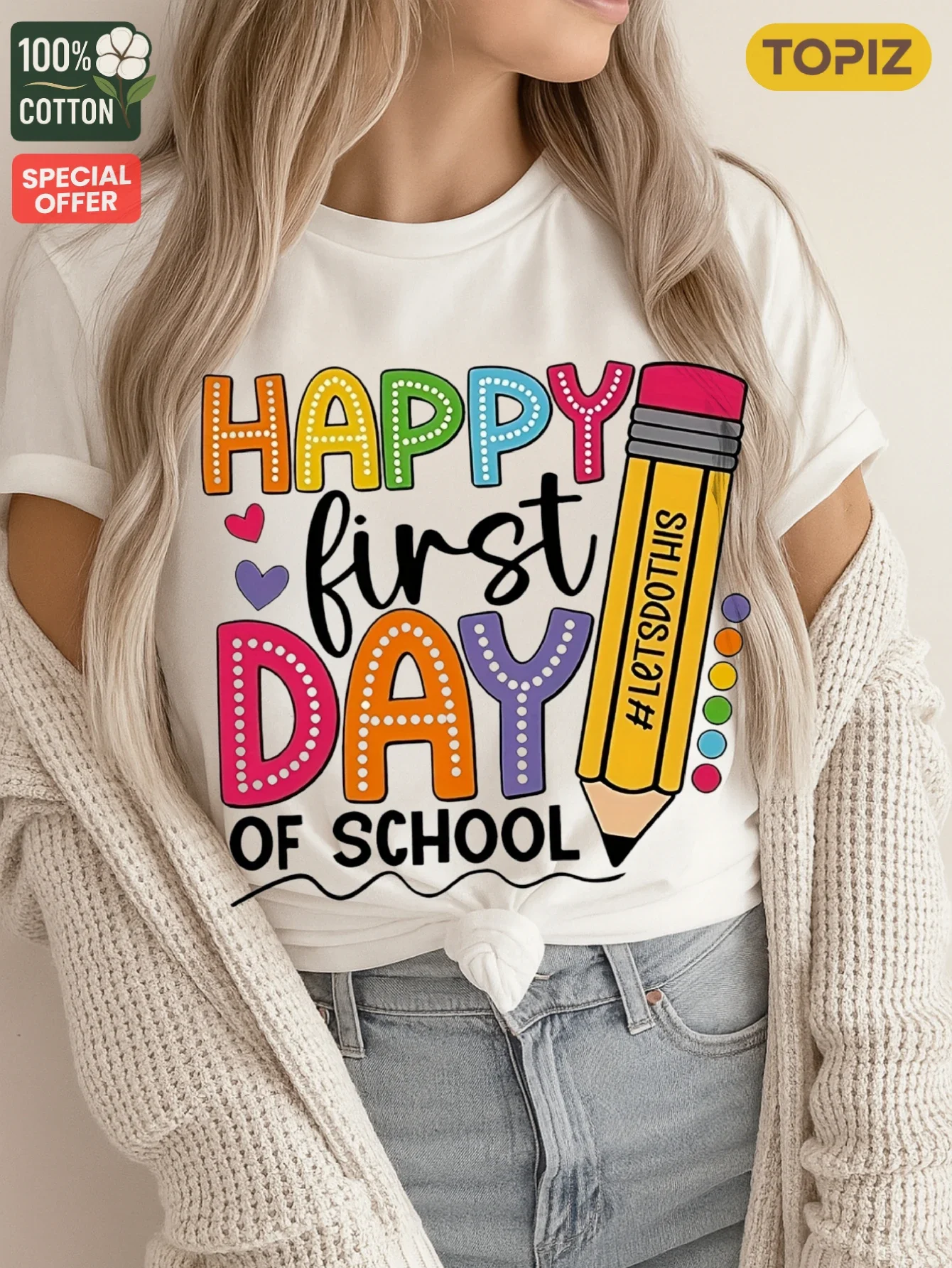 [Taglia Plus] T-shirt grafica da donna, top girocollo a maniche corte, ordini di gruppo, 100% cotone, felice primo giorno di scuola