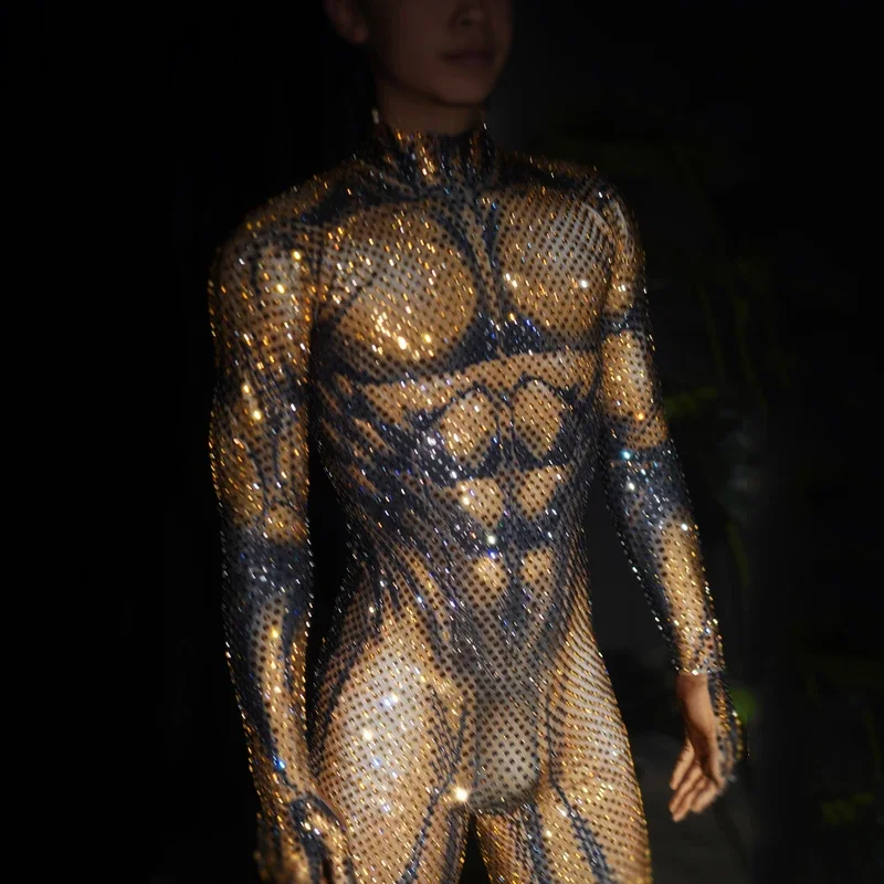 Men Rhinestone Stretch Jumpsuit Pole Dance Clothing Drag Queen Stage Wear Nightclub Bar Dj Performance Costumes