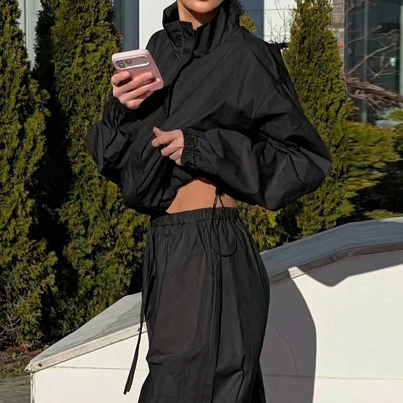 Temperament Stand Up Collar Loose Drawstring Suit Lady Simple Solid Off Waist Sports Outfit Casual Zipper Cardigan+Pants 2pc Set
