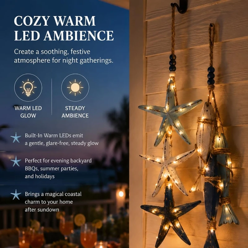 Wood Starfish Fish Hanging Wall Sign With LED Warm Lights Nautical Coastal Decor For Bathroom Porch Living Room Home Ornament