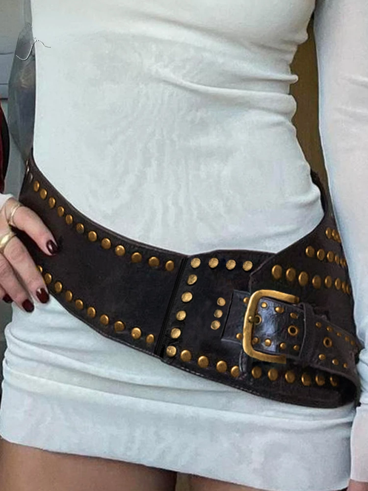 Ceinture en cuir cousue à rivets asymétriques rétro punk pour femmes, style trou chic, streetwear gothique, ceinture à œillets pour jeans