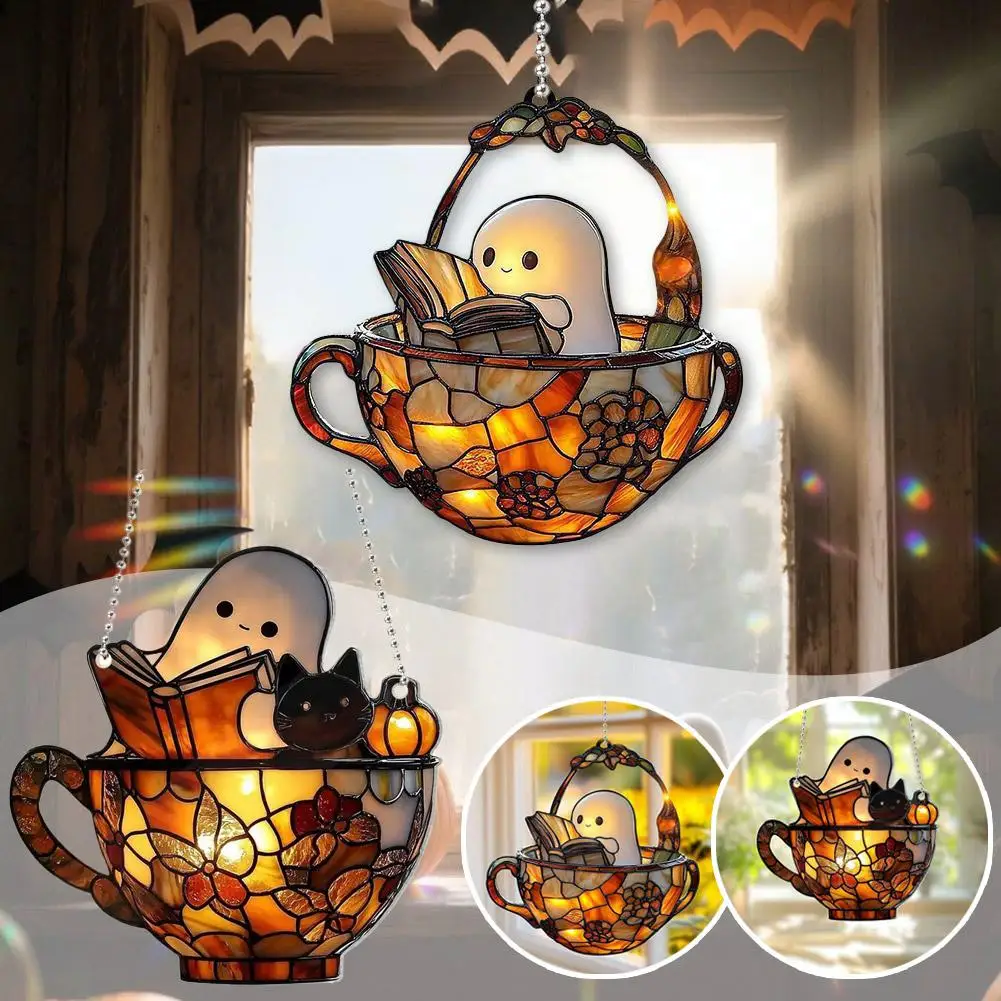Halloween Ghost Reading Book Suncatcher Handmade Reading Suncatcher For Book Art Stained Glass Acrylic Book Ornament Set