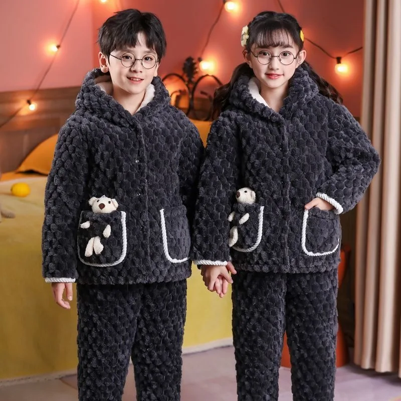 

Kids Winter Pajamas Triple Layer Flannel Quilted Thickened Warm Coat Set for Big Boys Girls