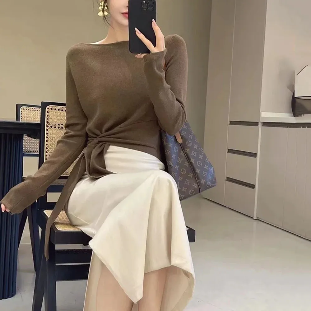 2024 Fashion New Women\'s Sweater Elegant Solid Cropped Knitwears Sweaters Womans Lace-up Irregular Slim Fit Pullover Tops Ladies