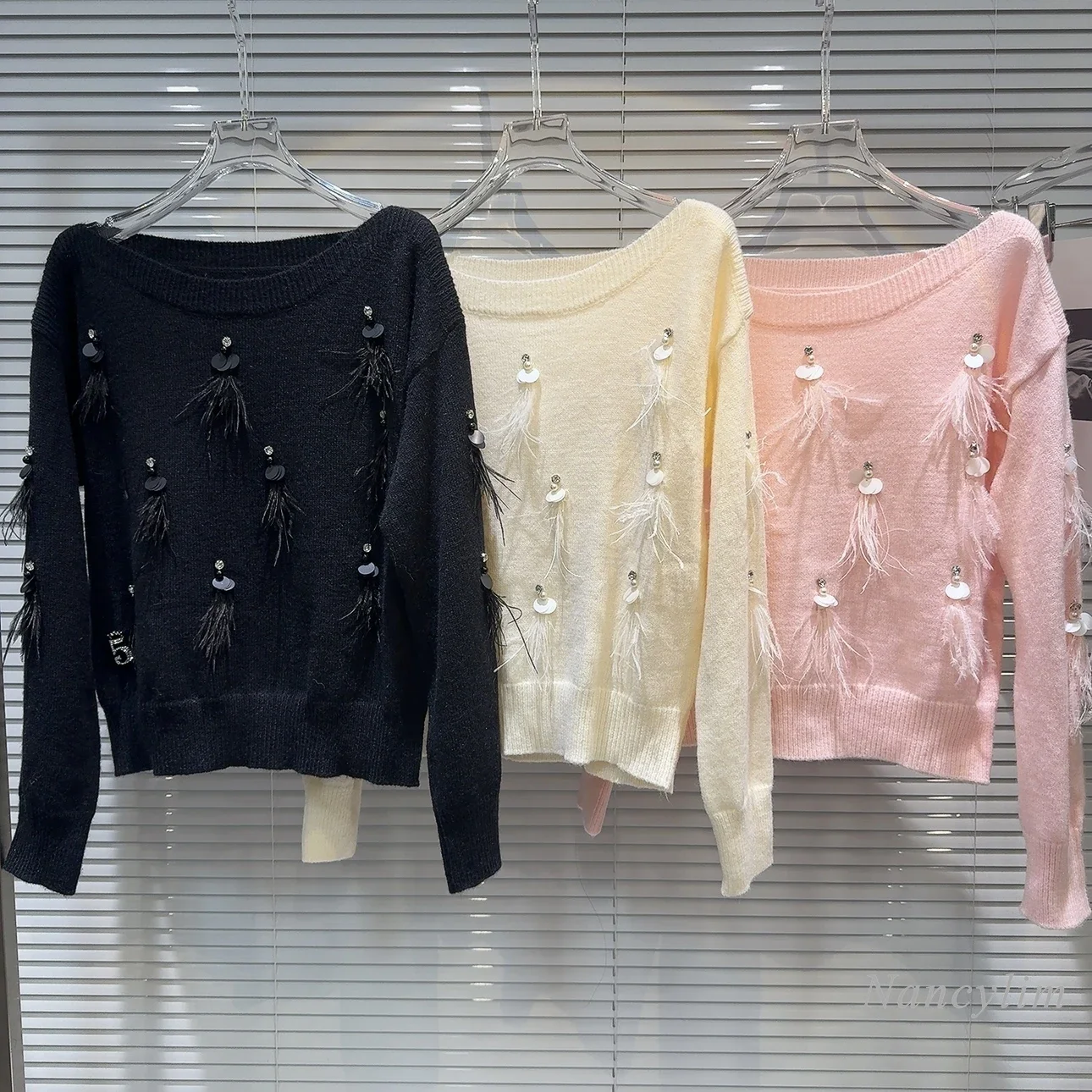 2024 Spring Winter New Feather Sequined Beads Sweet Solid Color Wool Knitted Sweater for Women