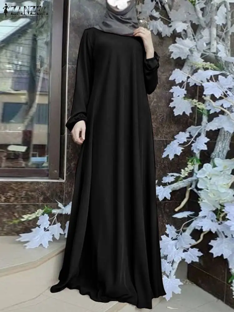 ZANZEA Casual Solid Maxi Robe Spring Muslim Dress Long Sleeve O-Neck Dresses Woman Stylish Loose Sundress Abaya Kaftan 2023