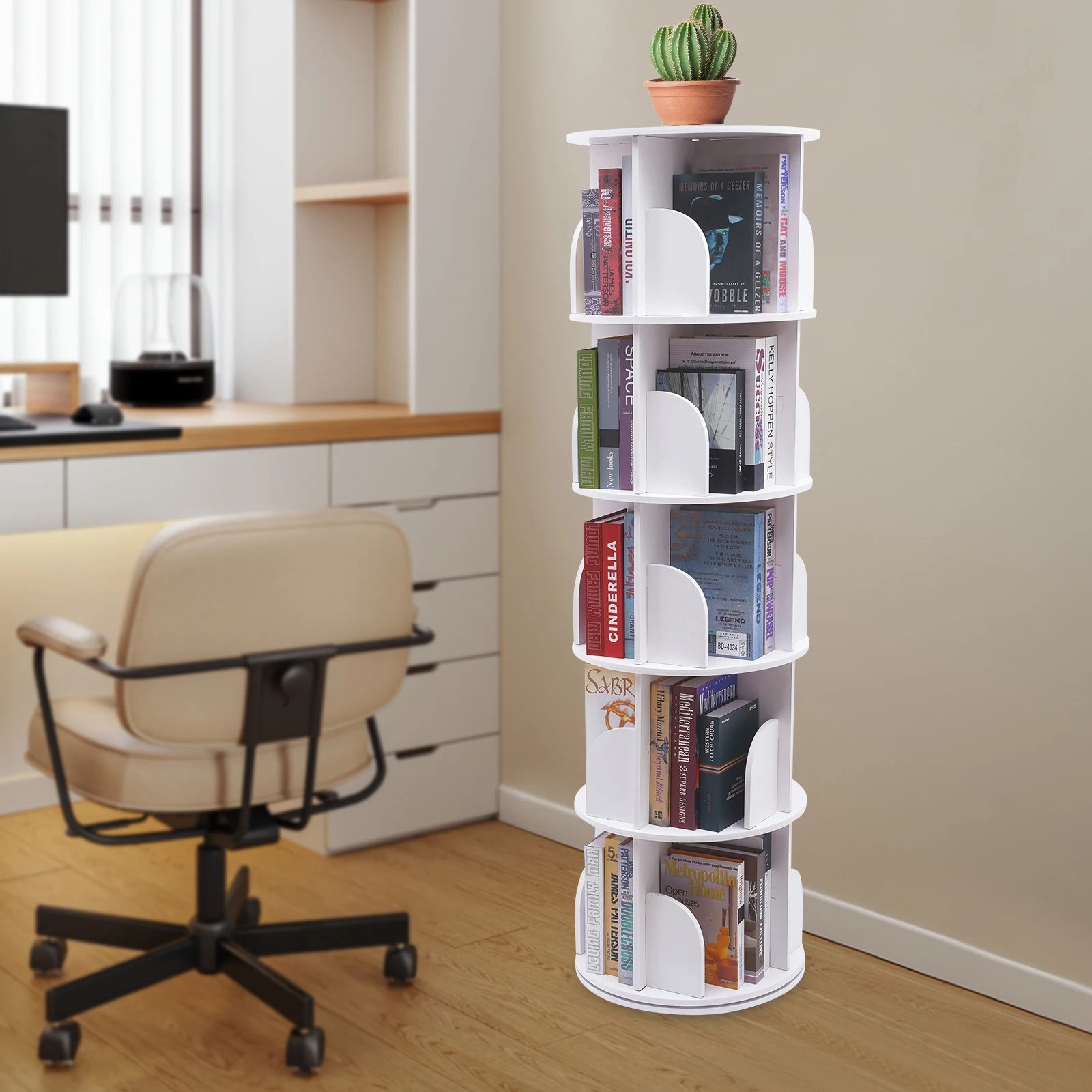 5 Tier 360° Rotating Stackable Shelves Bookshelf Organizer PVC Desktop Bookshelf Counter Bookcase Desktop Shelves