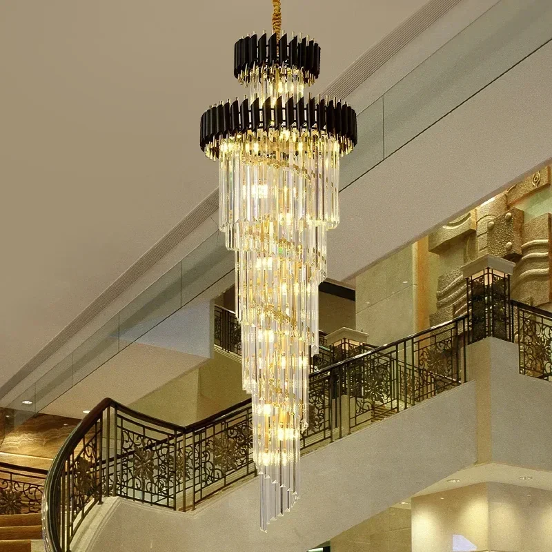 

Luxury Modern Crystal Long Chandelier For Loft Black/Gold Light Fixture Villa Lobby Living Room Decor Staircase Hang Lighting