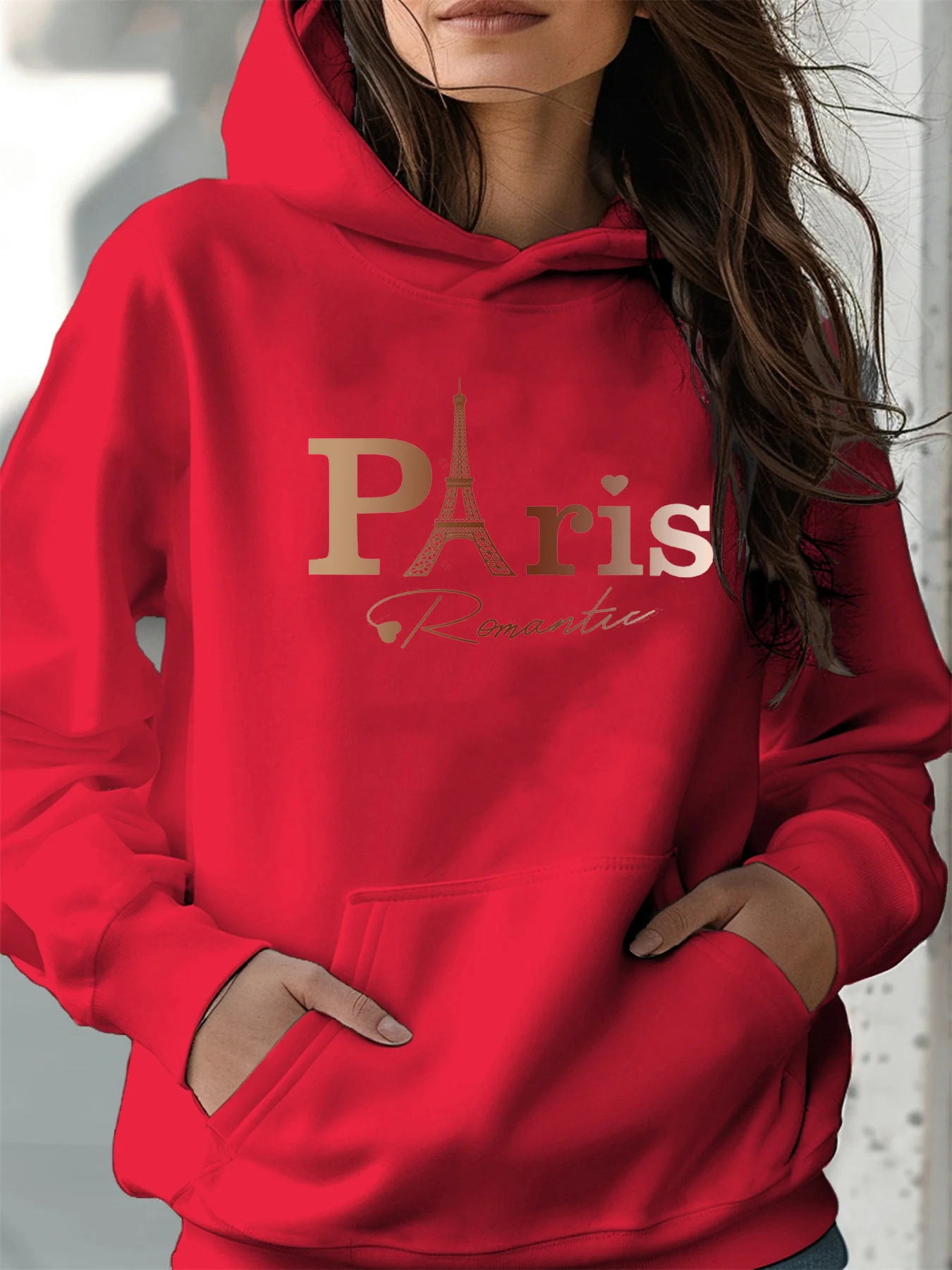 Women's autumn and winter warm and loose casual Paris pattern printed suede long sleeved hooded sweatshirt