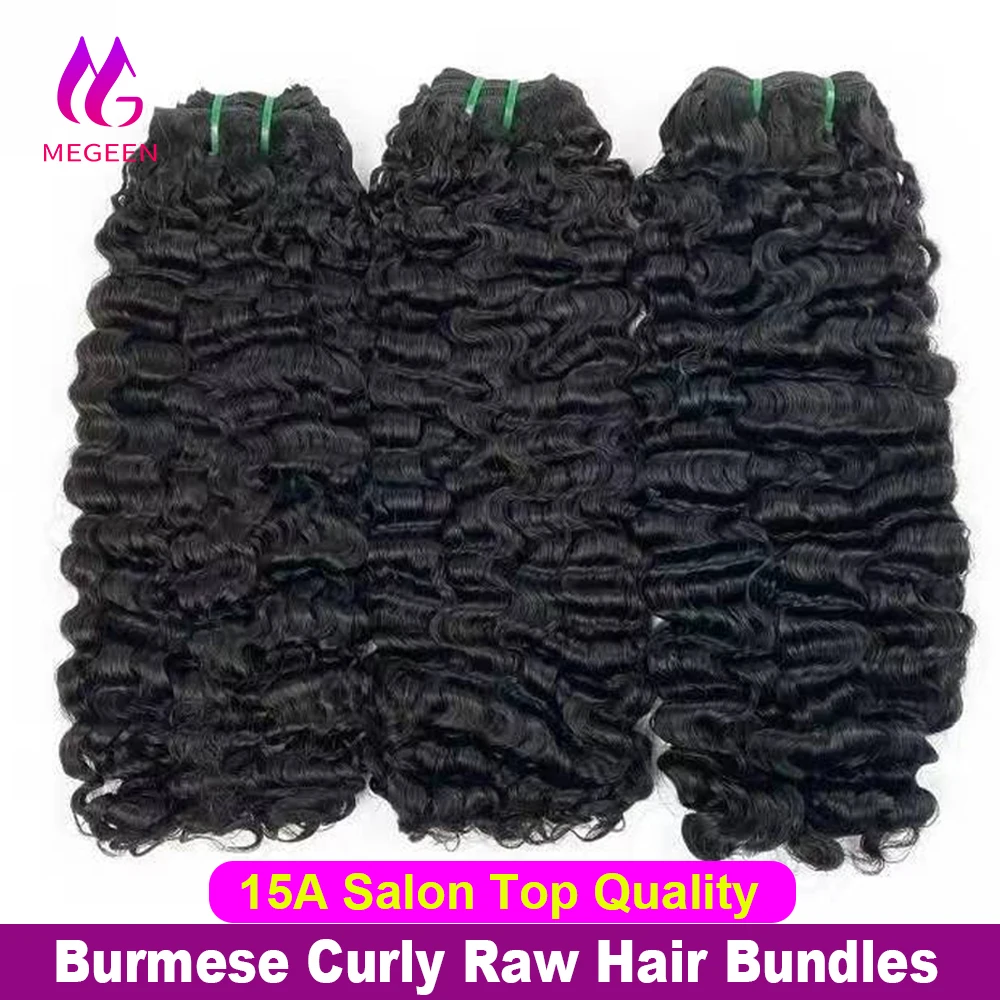 Megeen Natural Black 12-32 pollici 15A capelli vergini non trattati fasci di capelli umani ricci birmani 1/3/4 pezzi estensione dei capelli tessere 1B