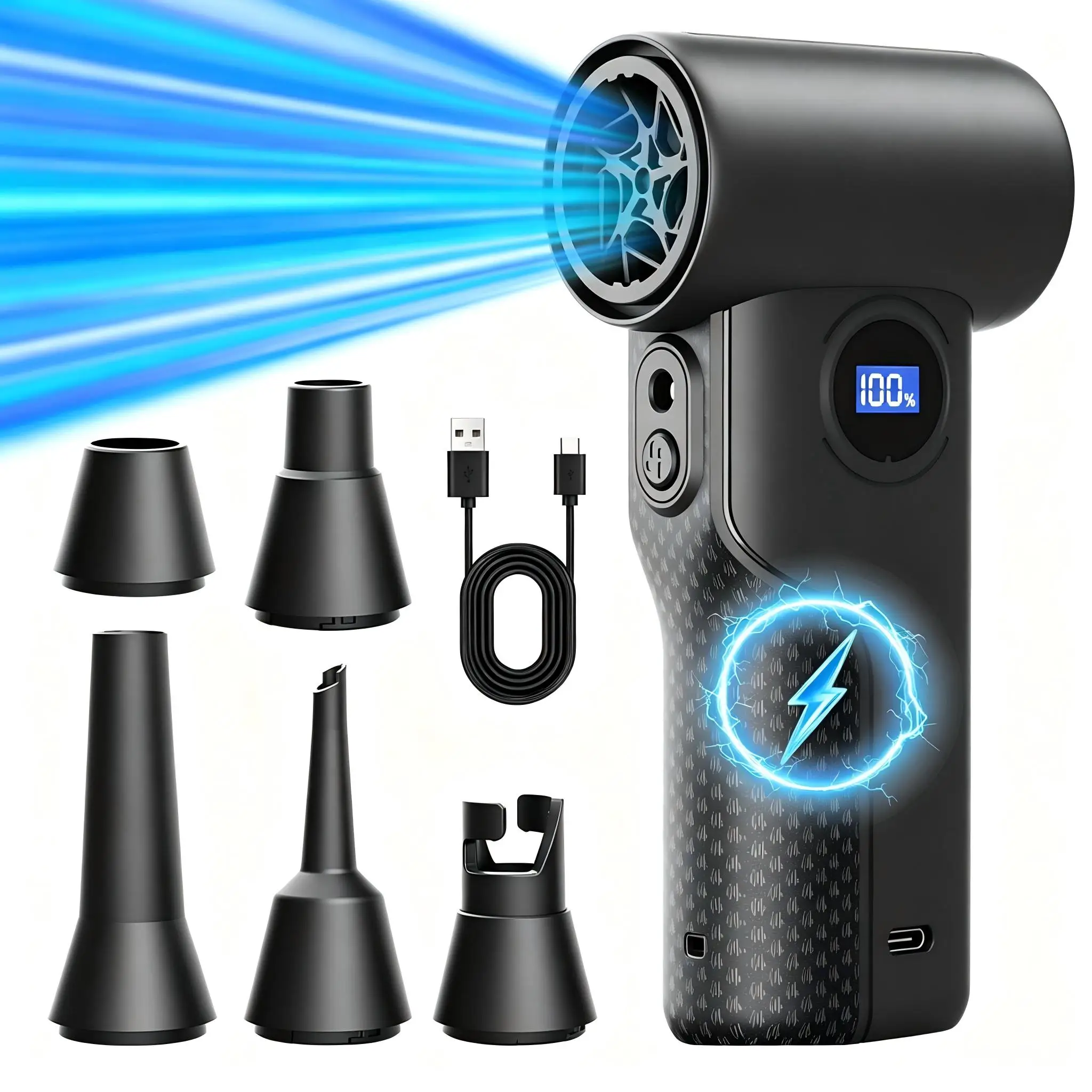 Dmuchawa Jet Dry o 110000 obr./min, Mini Turbo Wentylator o Dużej Mocy, Odkurzacz Powietrzny, 4 Prędkości, Cyfrowy Wyświetlacz LED, 4000mAh, Czyścik do Klawiatury PC — 2