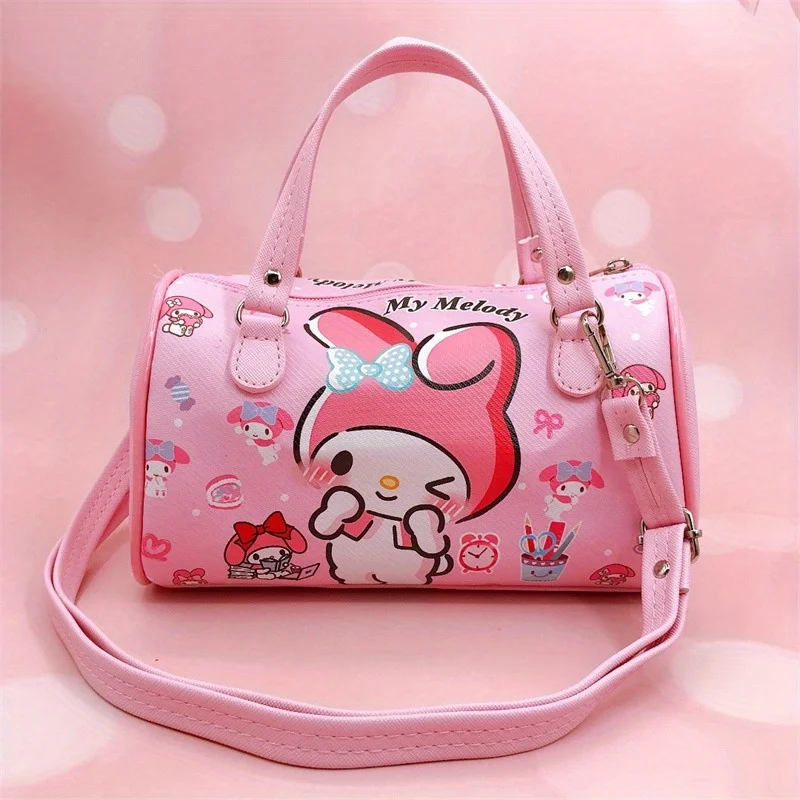 Kawaii Cartoon Graphic Barrel Bag - Waterproof PU Leather Round Crossbody Tote with Portable Design Ideal for Girls\' Travel