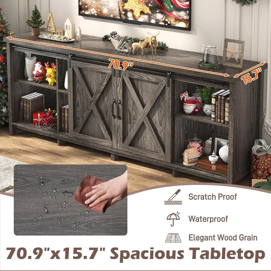 حامل تلفزيون المزرعة لتلفزيون 80 بوصة مع باب الحظيرة المنزلق ومركز الترفيه الخشبي الريفي وخزانة وحدة تحكم الوسائط الكبيرة وخزانة طويلة #4