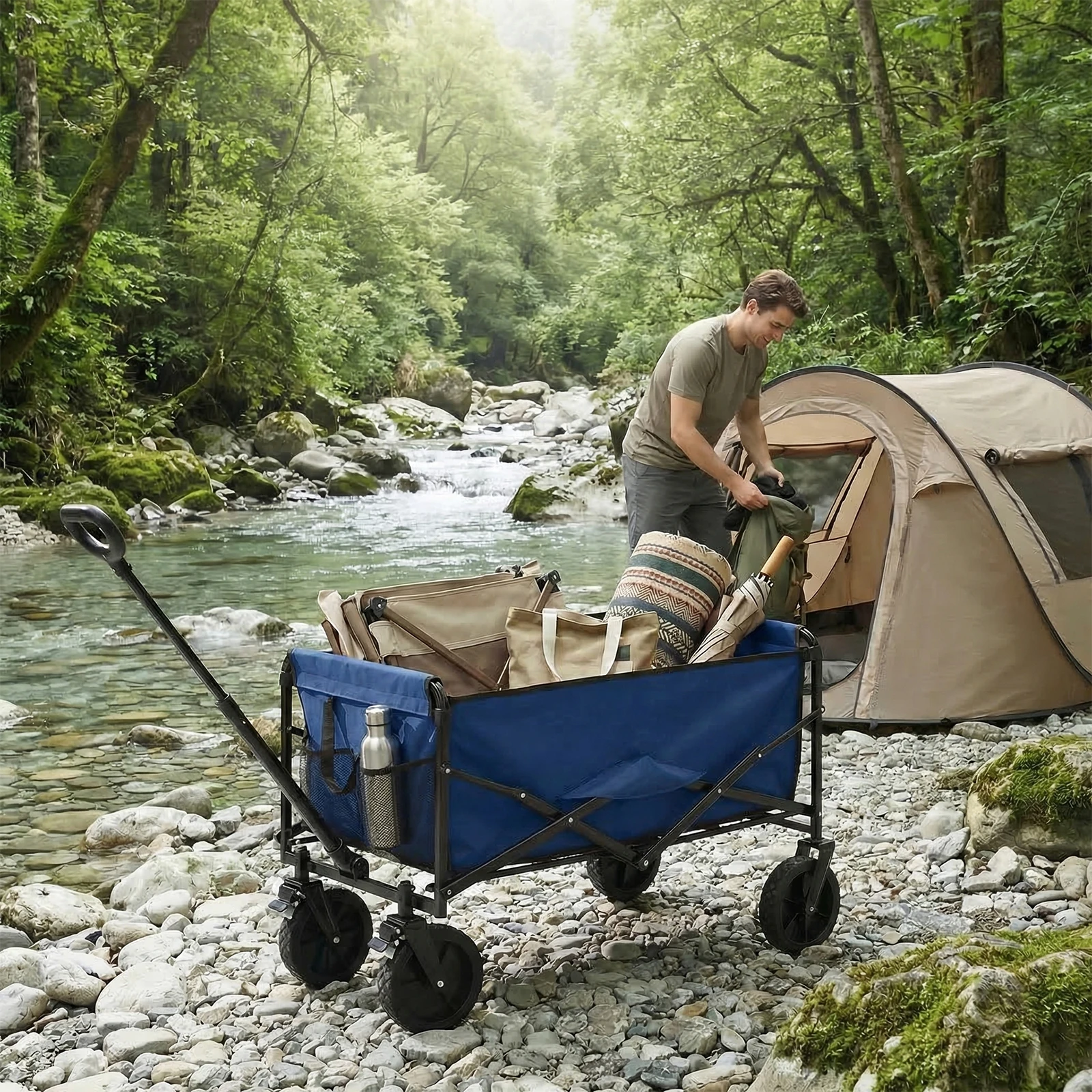 

JHK 102L Heavy Duty Collapsible Wagon Cart Utility Folding Wagon with Wheels 330 lbs Weight CapacityFlexible Handle for Camping