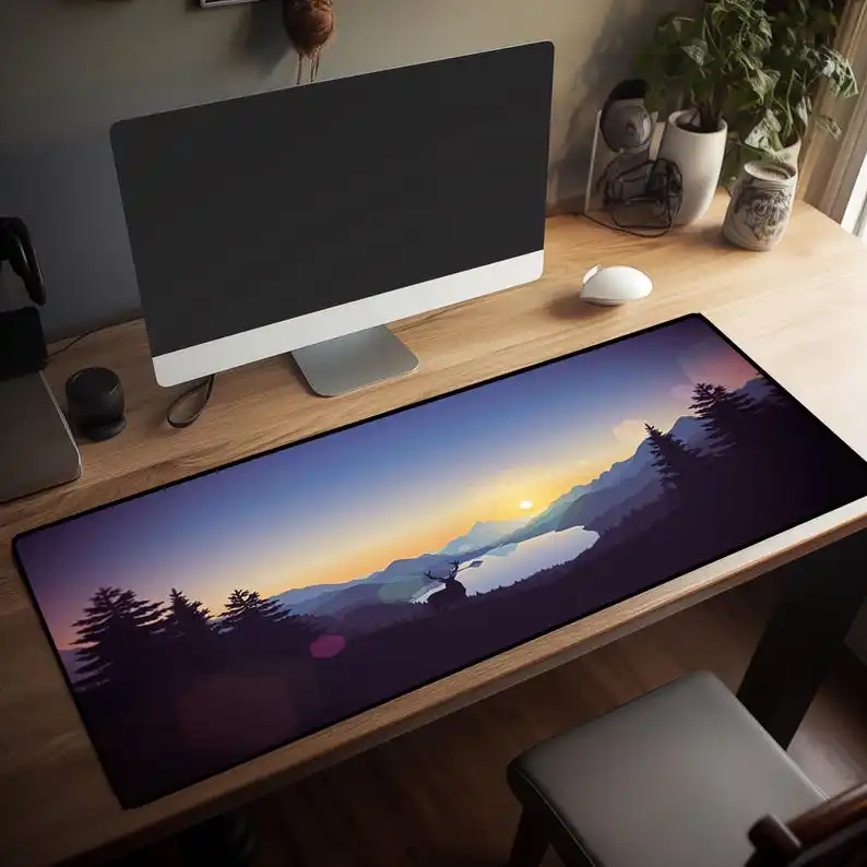 サンセットレイクデスクマット：風光明媚な山の鹿マウスパッド