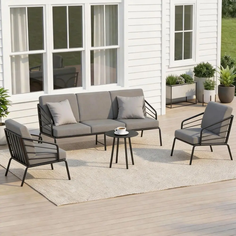 

4 Piece Patio Porch Furniture Set with 4.9 UltraThick Cushions, Metal Outdoor Conversation Set with Coffee Table, 3 Seater Sofa