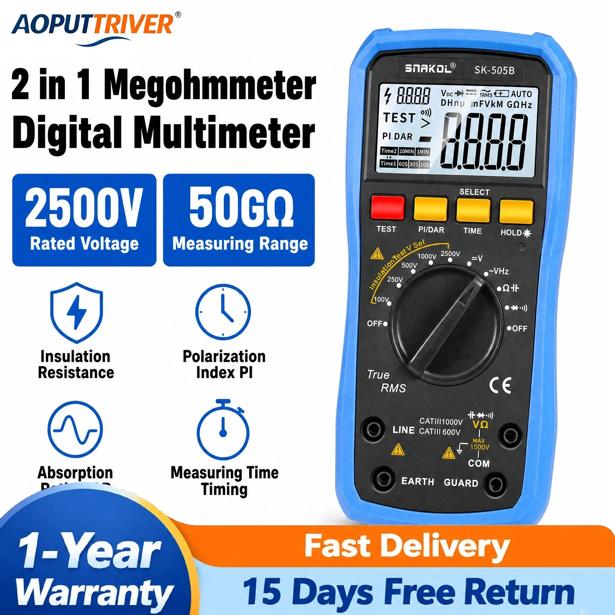 SK-505B 2500V Digital Insulation Tester Megohmmeter 50GΩ High Voltage Resistance Meter CAT III 1000V PI DAR Multimeter Tester