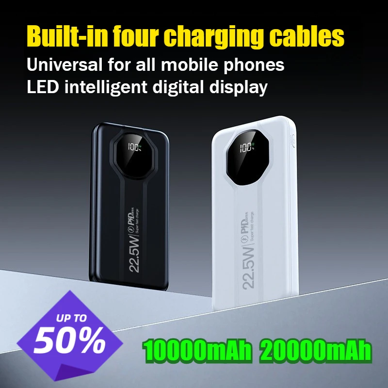

22.5W 20000mAh High-Capacity Ultra-Thin Fast Charging Power Bank with Built-in Cable Compact and Portable External Battery