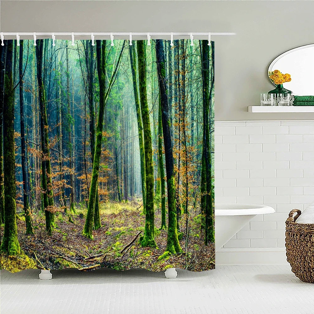 Birch Trees Forest landscape Shower Curtain Waterproof Fabric Bathroom Curtains Natural Scenery Bath Screen with 12 Hooks