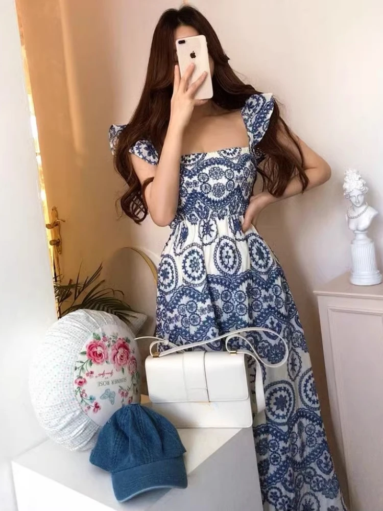 Summer Retro Ethnic Style Square Neck Flower Hollow Embroidery Halter Dress Elastic Bustier Waist Long Fly Fly Sleeve Dresses