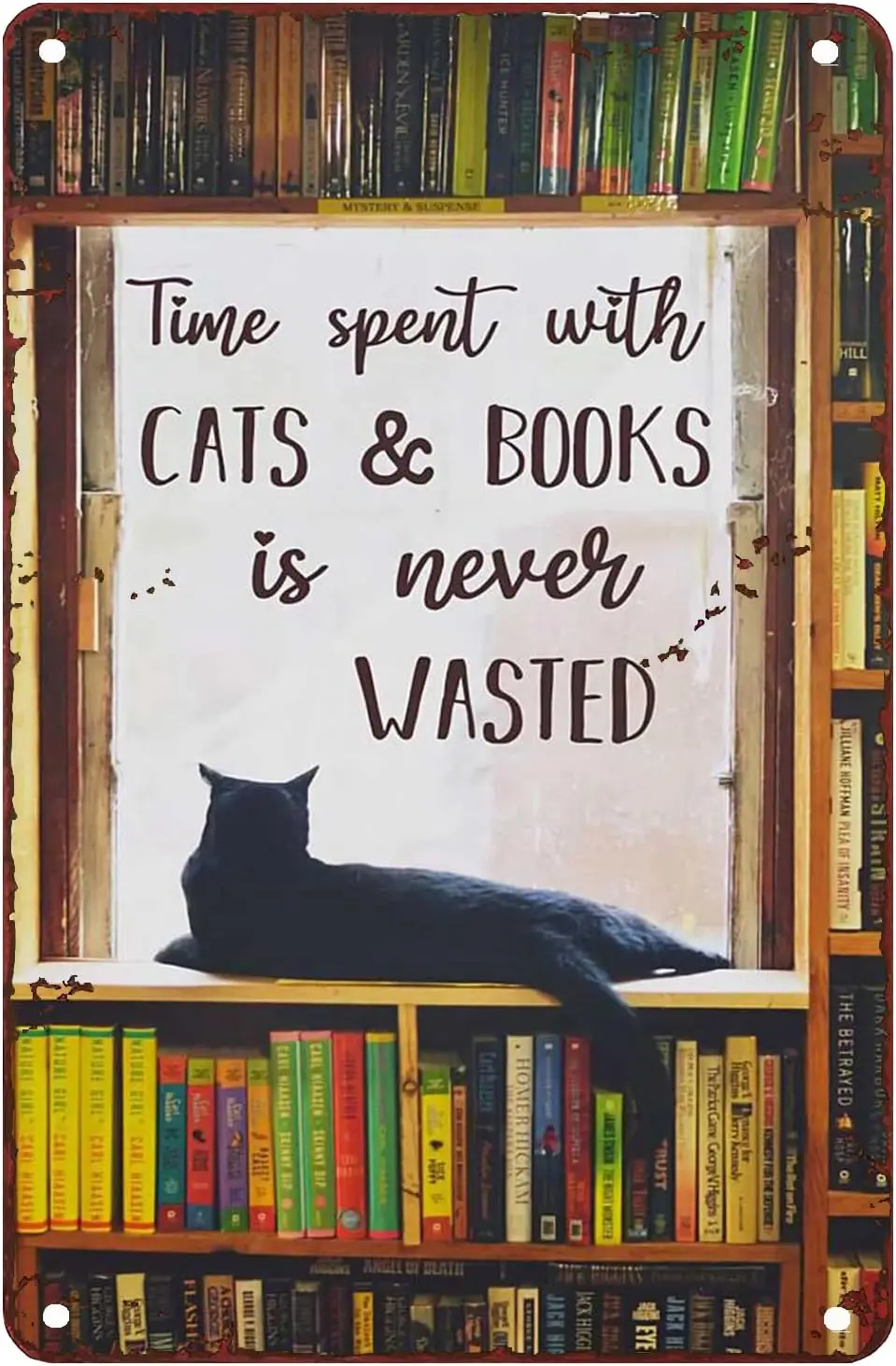 Reading Sign for Classroom Black Cat Lover Time Spent With Cats And Book Is Never Wasted Metal Decor Wall Art Tin Sign Chic Art